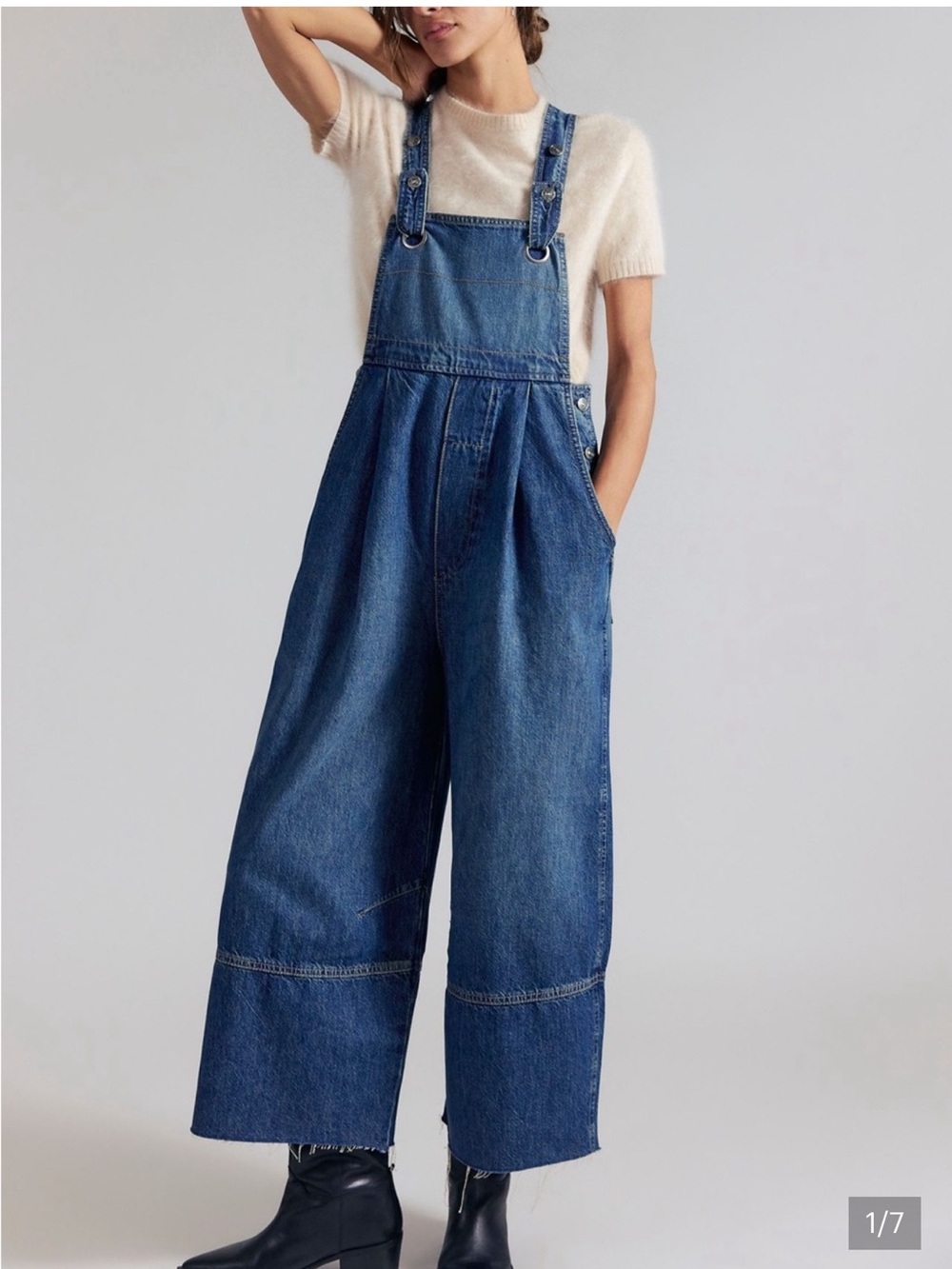 We The Free Blue Denim Wide-Leg Overalls